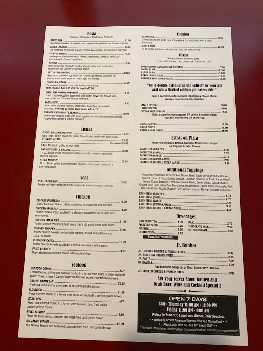 Pete & Elda's Bar / Carmen's Pizzeria Menu - Image 1